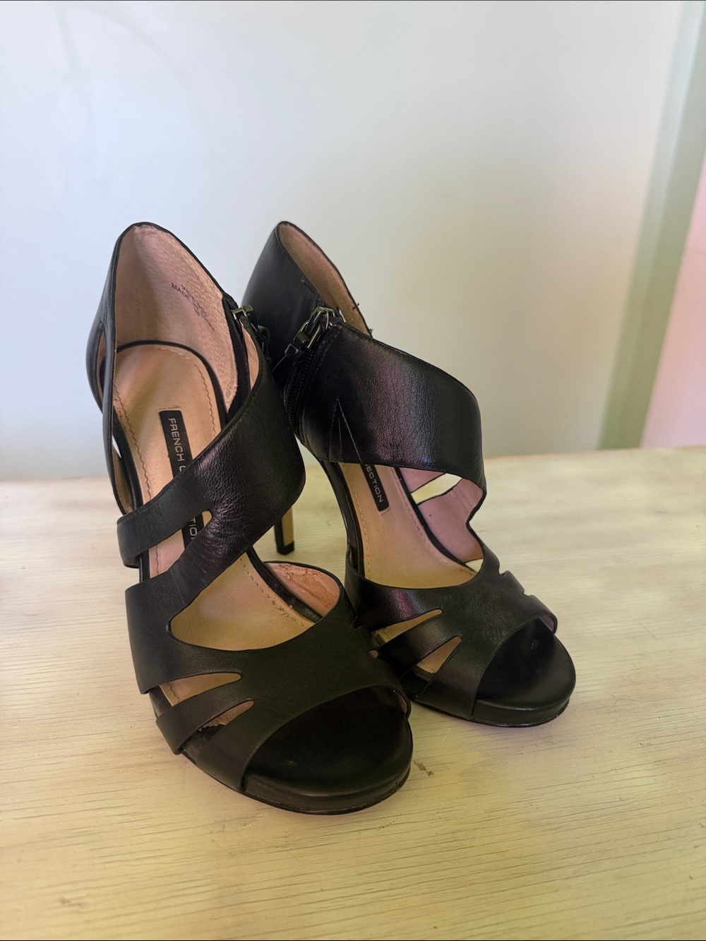 French Connection Black Strappy Leather High Heel Sandals